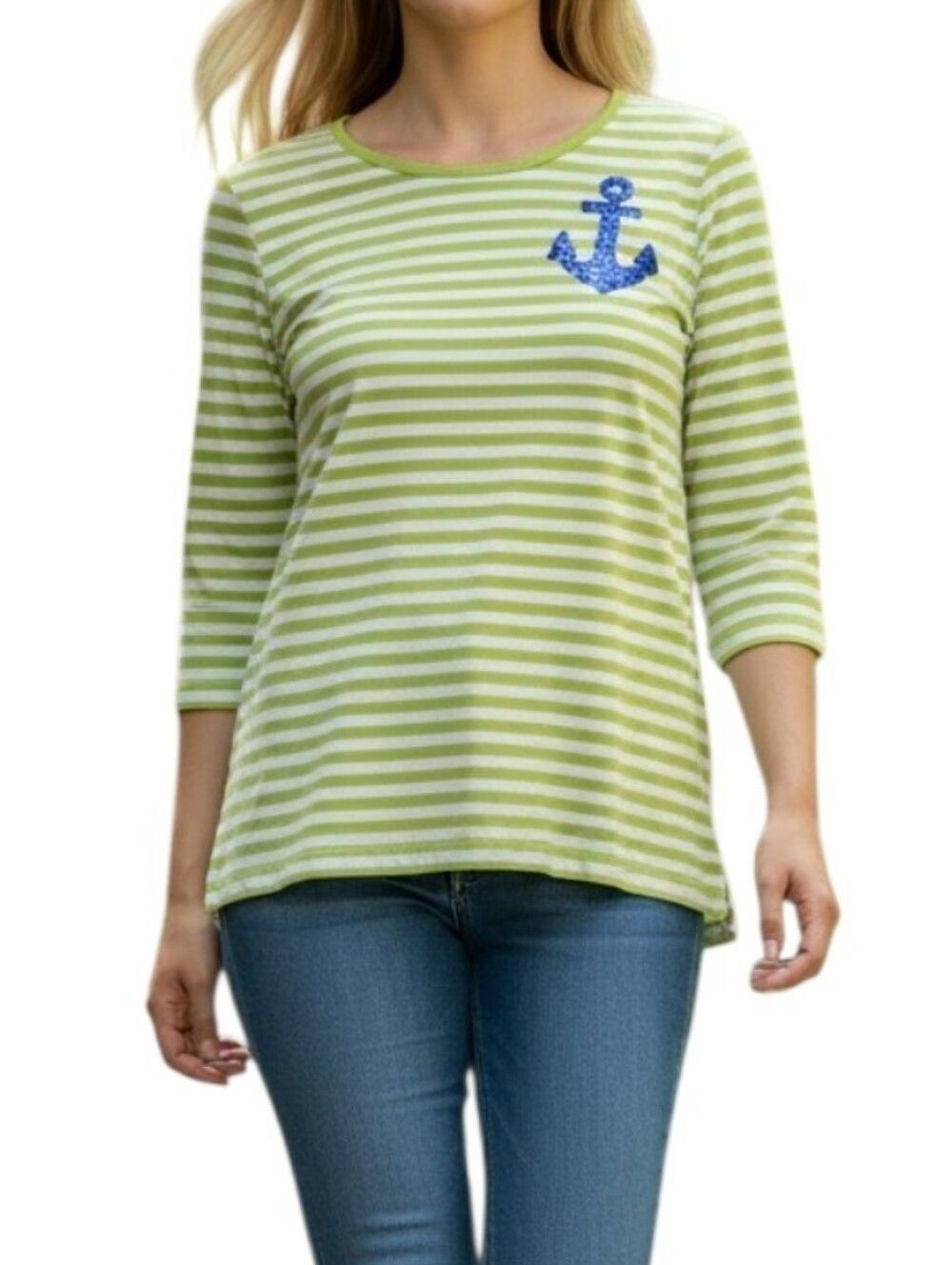Quaker Factory Lime Green Striped Nautical Sequin Anchor Blouse
